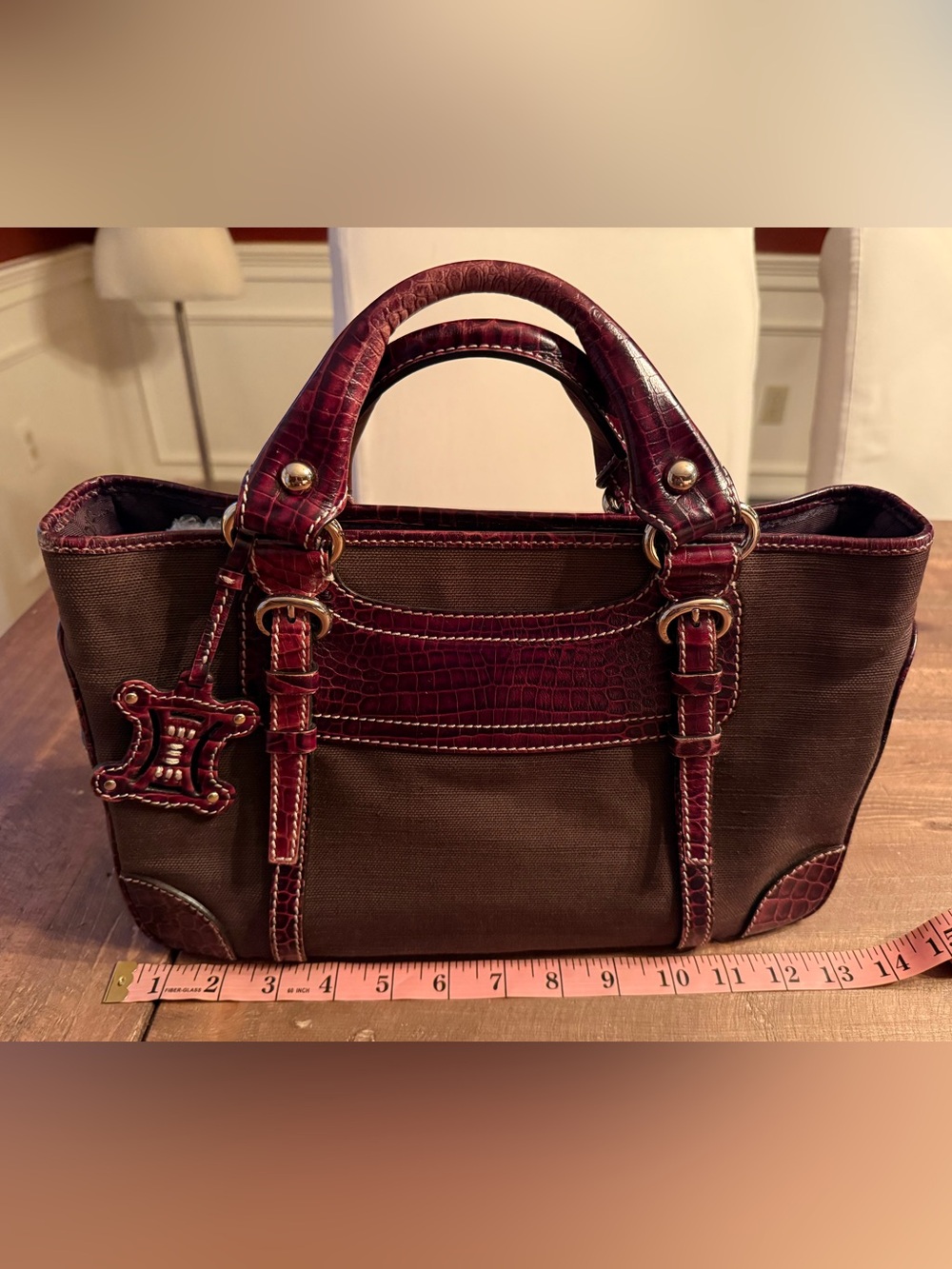 Authentic Céline Boogie Bag Chocolate Canvas Croc-Embossed Leather Triomphe Tag